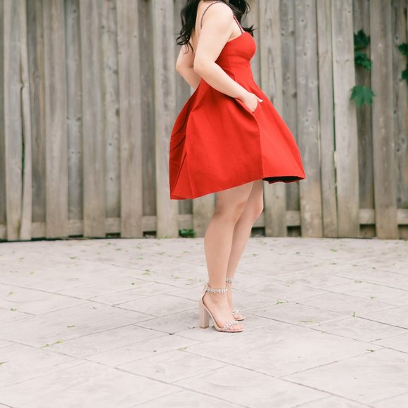 Fun Quirky Structured Balloon Red Dress with Jeweled Straps - Picture 3 of 12